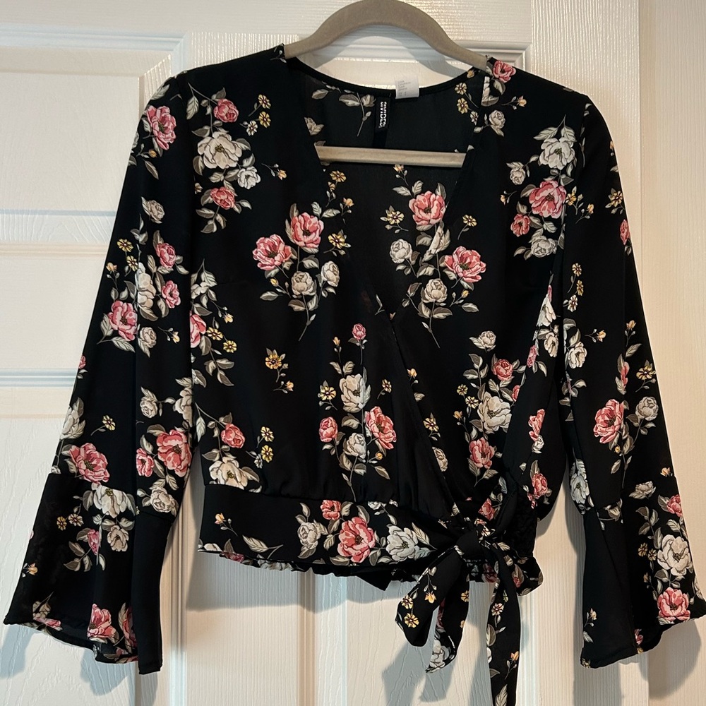 H&M Black Floral Wrap Blouse